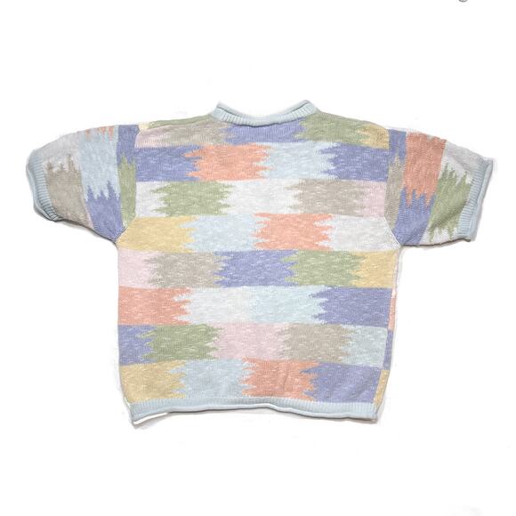 Christopher & Banks Vintage Pastel Patchwork Sweater Short Sleeve Button Up Knit - Picture 3 of 9